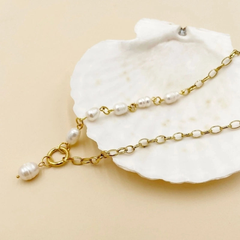 Fashion Circle 304 Stainless Steel Pearl 14K Gold Plated Pearl Plating Stainless Steel Necklaces