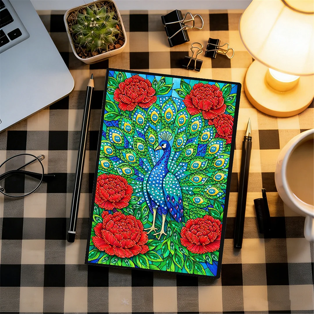DIY Flower Diamond Painting Journals Notebooks 50 Pages A5 No Lines Special Shaped Diamond Art Kits for Beginners Craft Lovers and Artists (Peacocks)