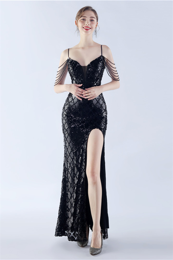 Bellasprom Spaghetti-Straps Sequins Evening Dress Mermaid Sleeveless With Slit Lace-Up Bellasprom