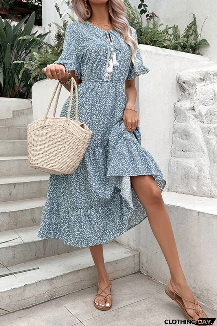 Printed Tassel Tie Flounce Sleeve Dress