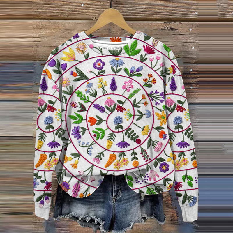 Embroidered Flower Art Print Crew Neck Sweatshirt artswardrobe
