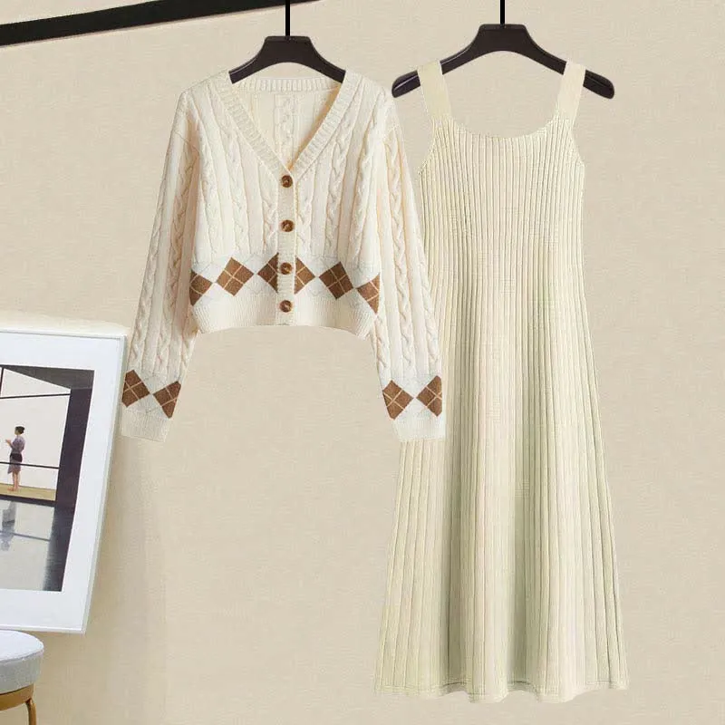 Rhombus Print Cardigan Sweater Slip Dress Two Pieces