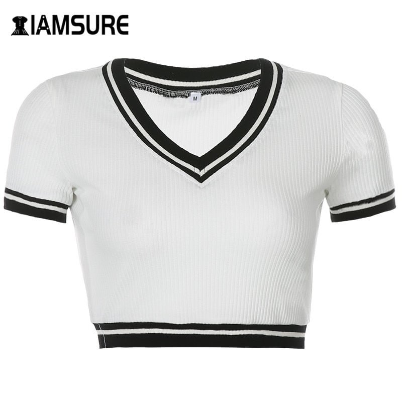 IAMSURE 2020 Summer Patchwork V Neck Slim Outfits Ribbed T-Shirt For Women Korean Style Casual Basic Female Crop Tops Shirt