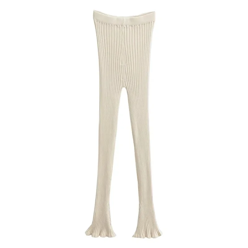 Nncharge American Retro Wood ears Cuff Ribbed Knitting Flare Pants Woman High Waist Stretch Slim Skinny Trousers Legging Bottom