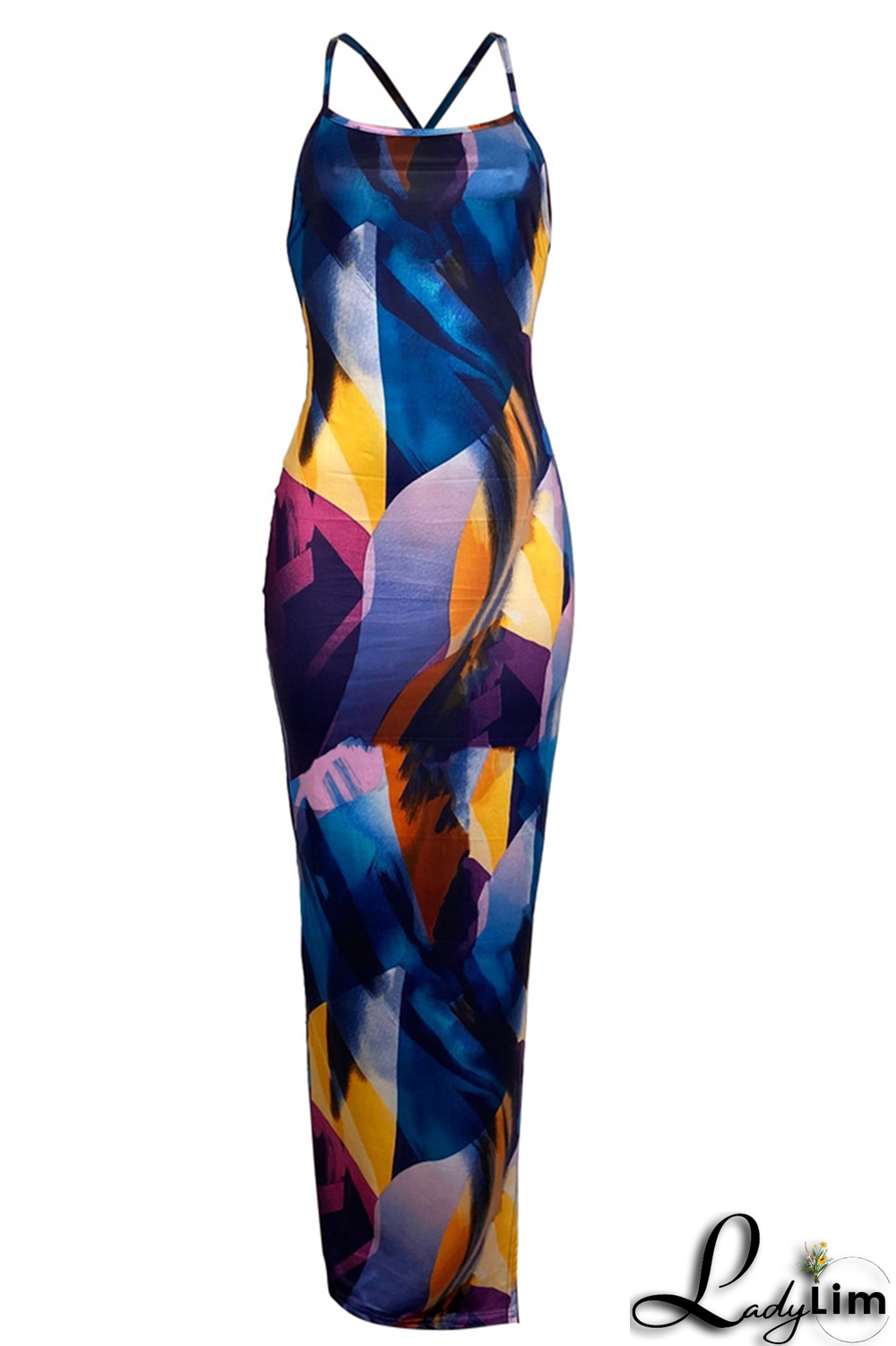 Blue Purple Sexy Print Split Joint Spaghetti Strap Pencil Skirt Dresses