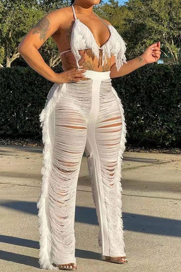 Solid Color Romantic Ripped Tassels Knitted Pant Suit Beachwear
