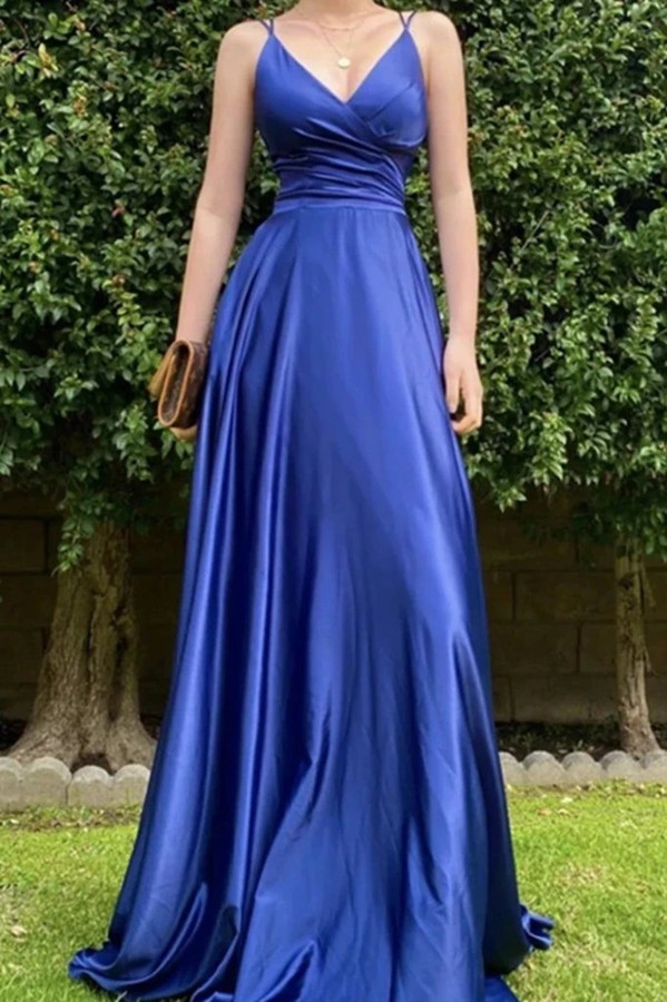 Oknass Long Royal Blue Prom Dress String Back