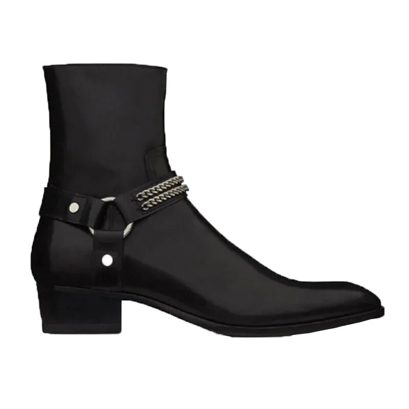 VCSHOES Pointed Toe Genuine Leather Boots Men Personalized Men's Boots With Chains Runway Party Boots For Men 37-46