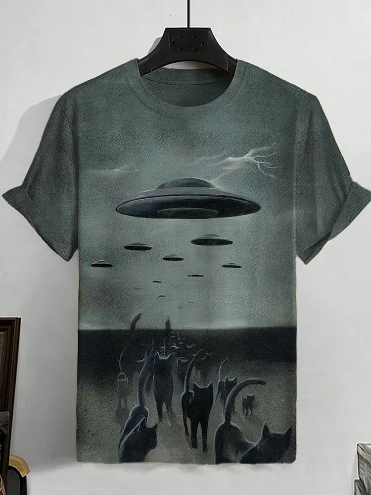 Men's Cats UFO Lightning Futuristic Sci-Fi Art Print Casual T-Shirt