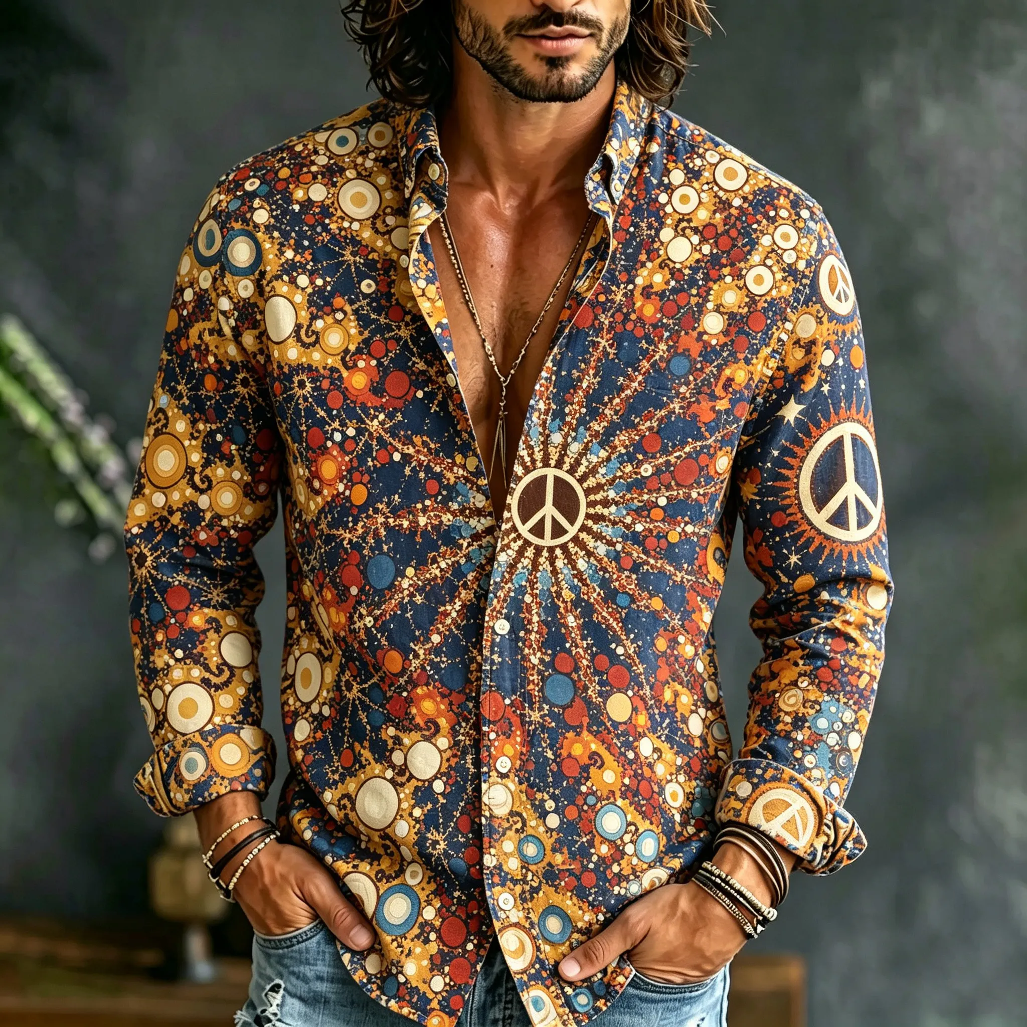Men's Retro Casual Hippie Print Long-sleeved Cotton Linen Shirt  artssus