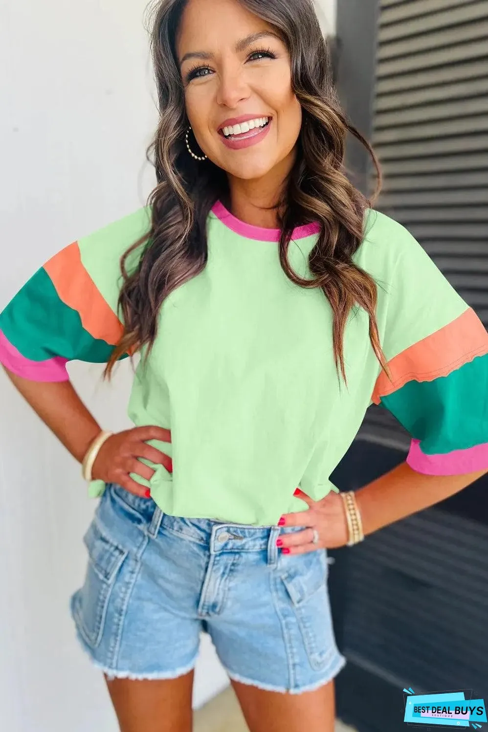 Green Color Block Stitching Sleeve Round Neck Oversize Top