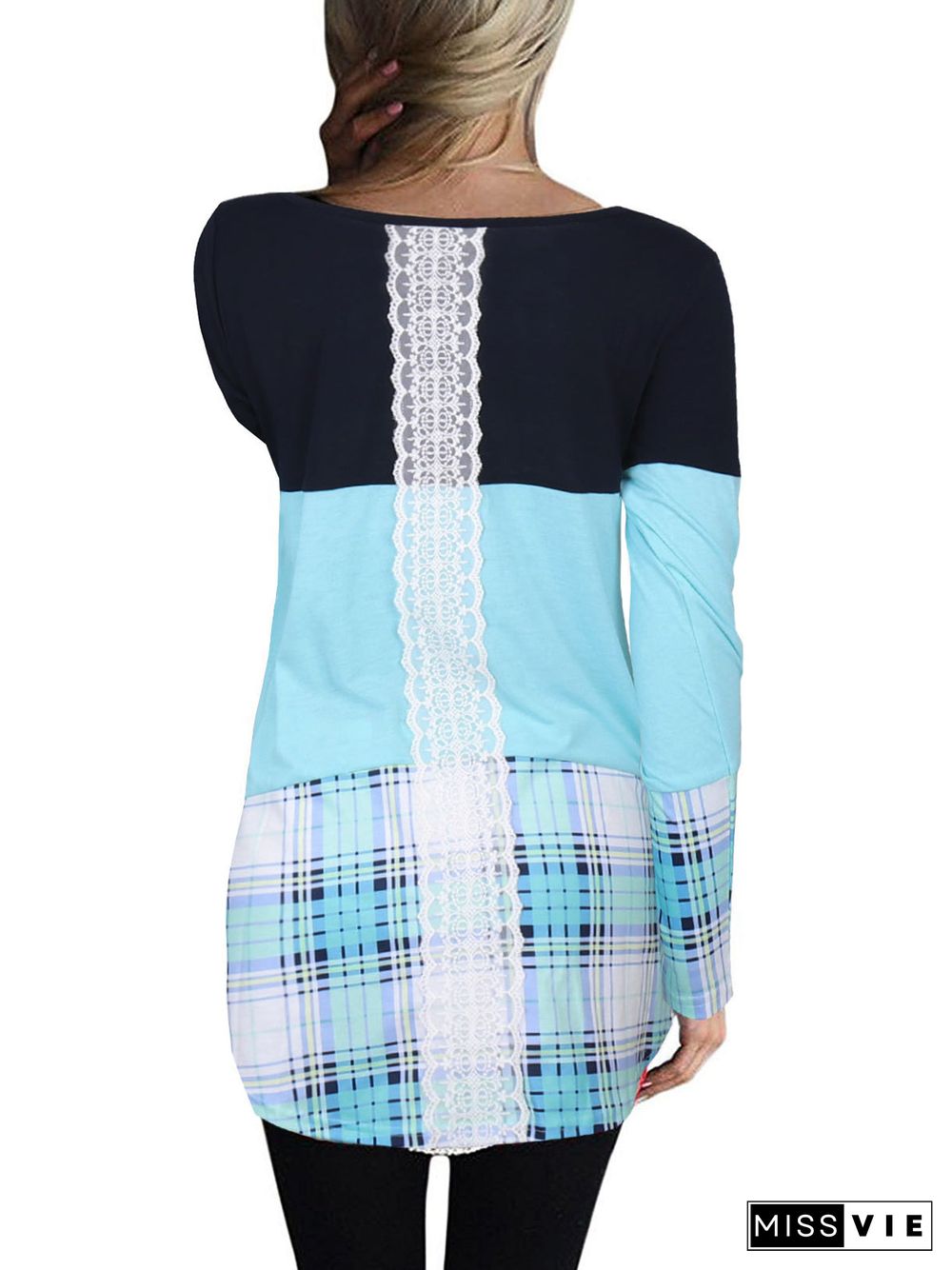 Women's Scoop Neck Long Sleeve Plaid Tops