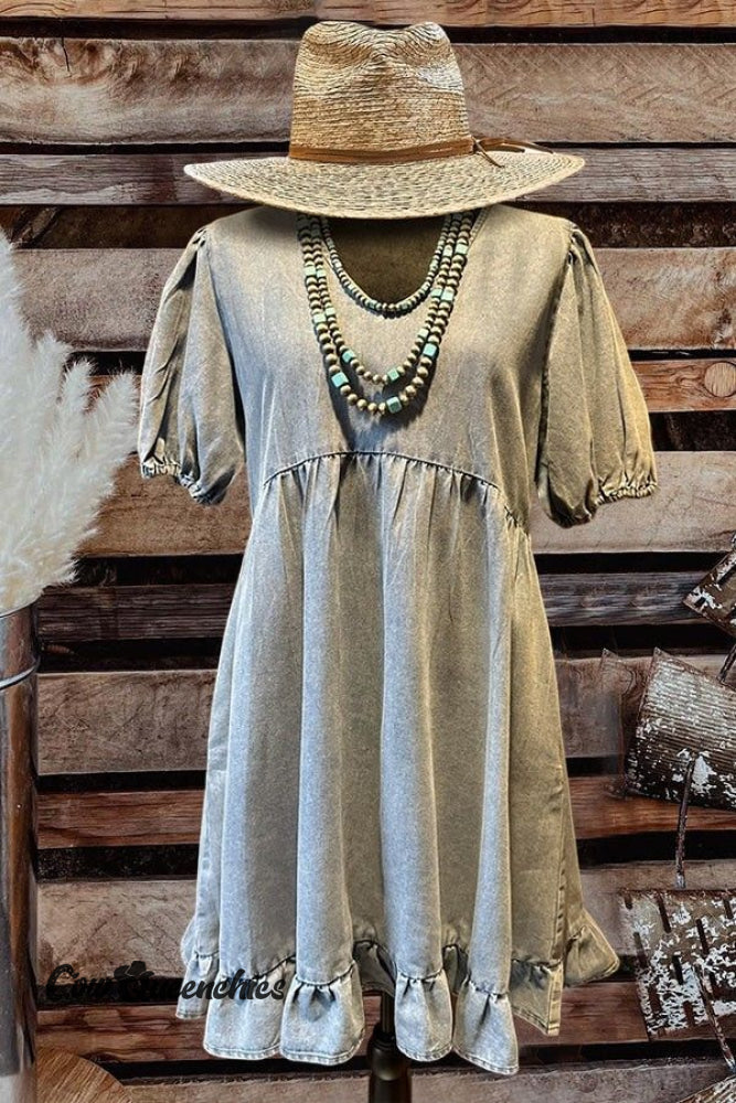 Women’s Simple Denim Dress Print Pocket Cotton Dress Multicolor / S