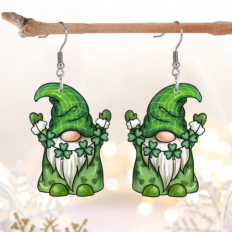 St. Patrick's Day Green Shamrock Gnome Earrings