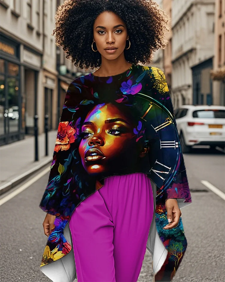 Black Girl Floral Personality Print with Irregular Hem Long Sleeve Top