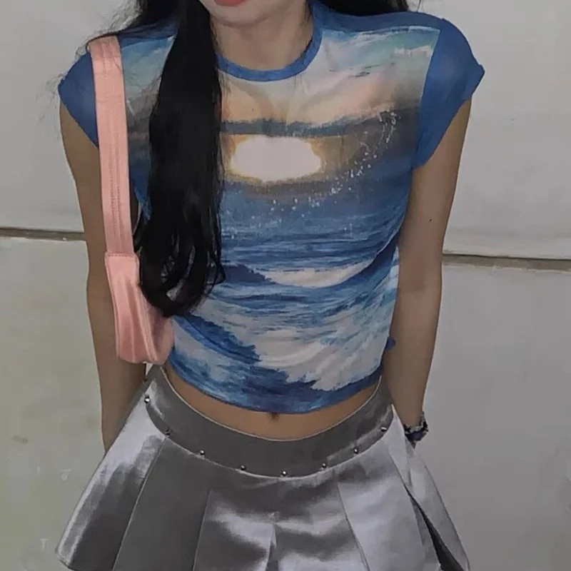 Uveng Sweet Wind Collar Bag Sleeve Cherry Cake Blue T-Shirt In Fashion Summer Wood Ear Exposed Umbilical Babes Top