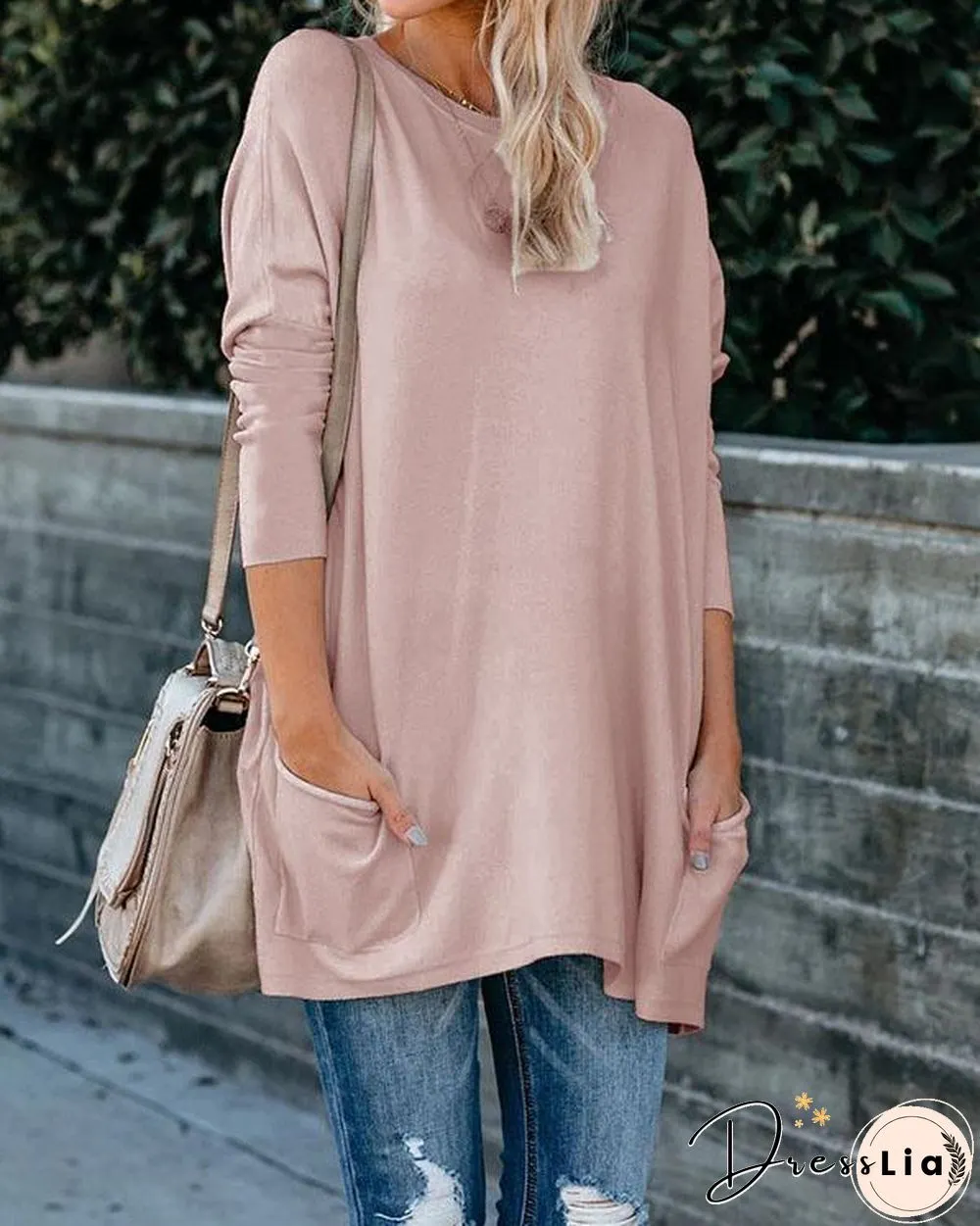 Plus Size Women Cotton Plain Color Pockets Long Sleeve Top