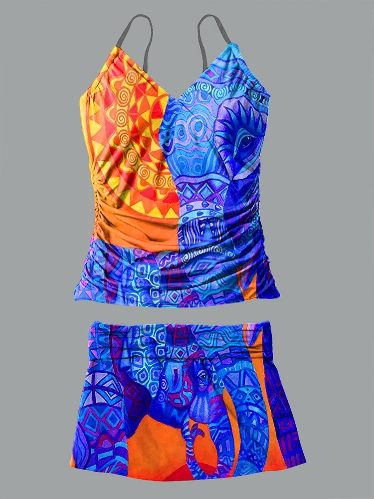 Abstract Elephant Print Halter Dress Bikini V-Neck Swimsuit Set