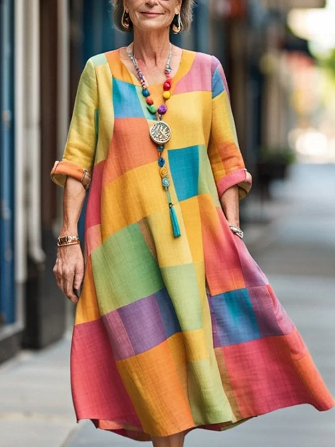 Women'S Colorful Round Neck 3/4 Sleeve Linen Dress