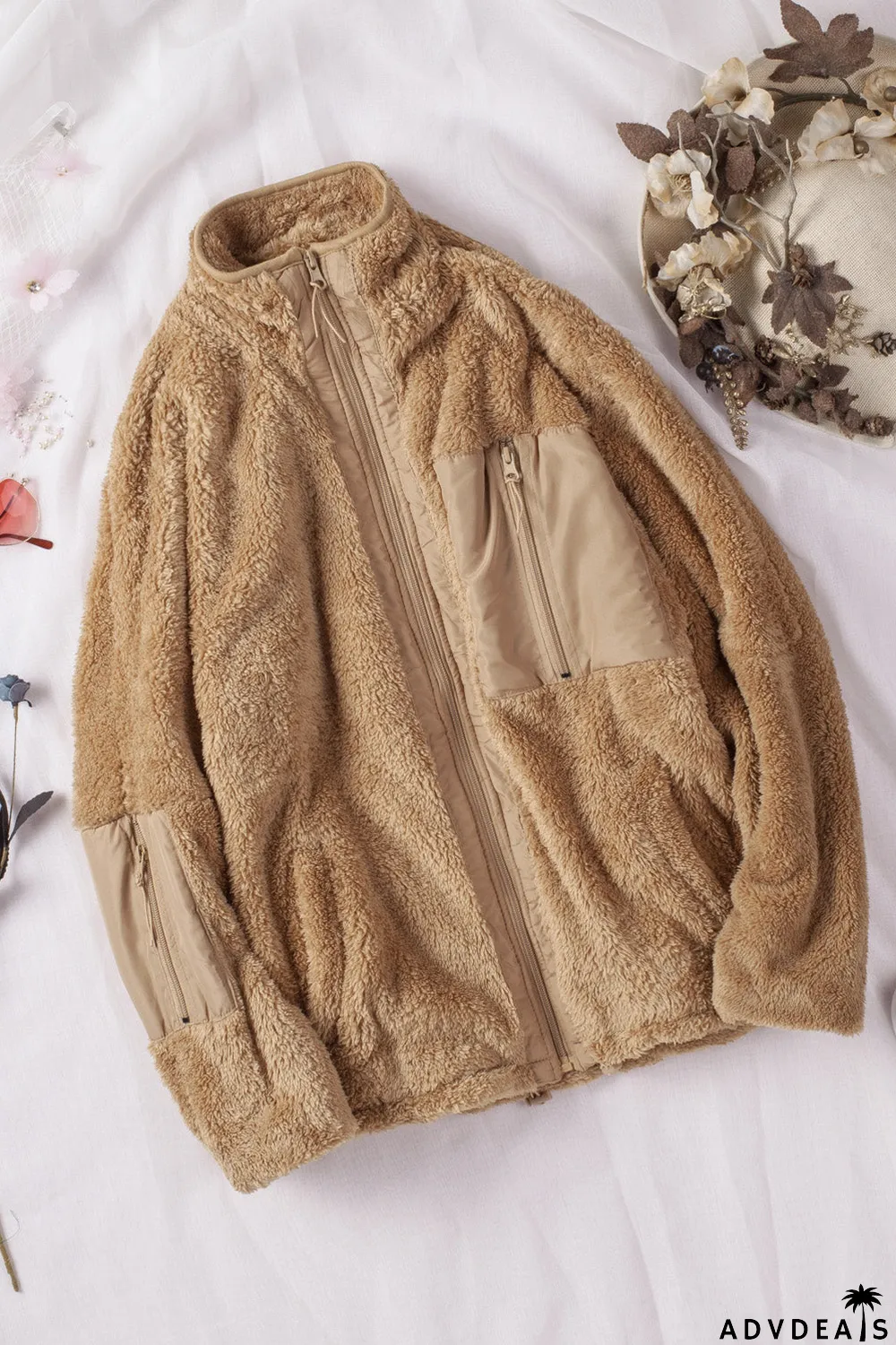 Zip Up Sherpa Coat With Pocket