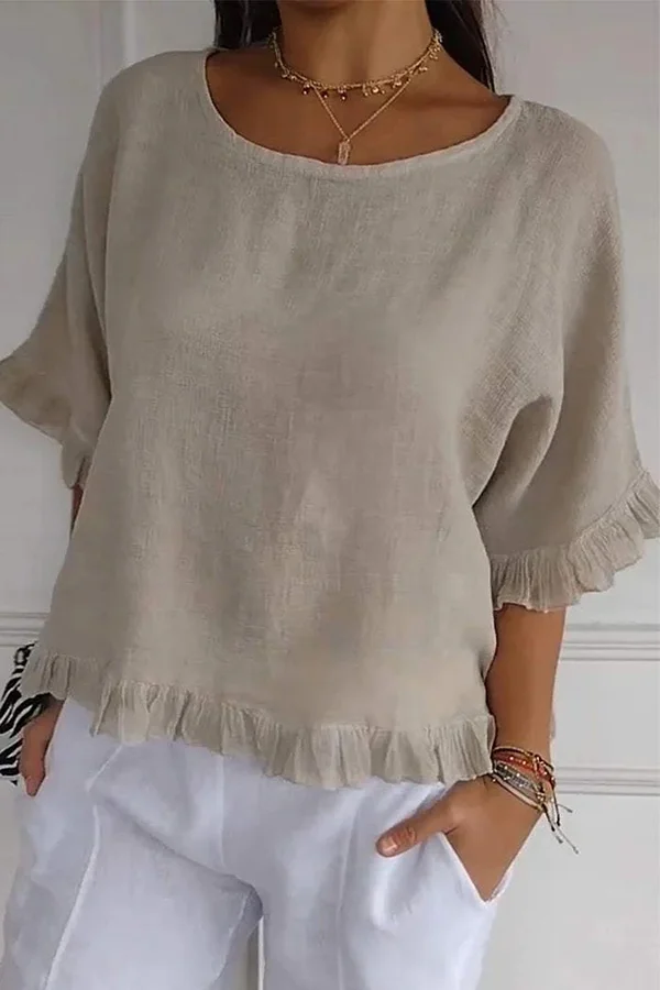 Solid Color Casual Round Neck Short Sleeve Ruffled Loose Top