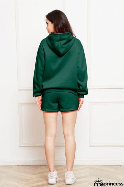 Drop Shoulder Long Sleeve Hoodie and Shorts Set