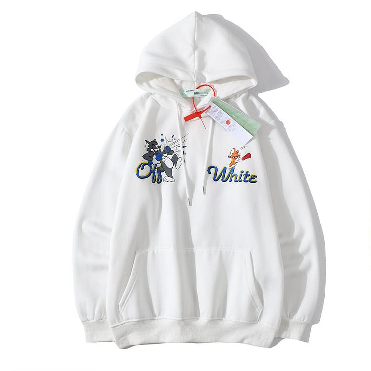 Off White Hoodie Autumn and Winter Off Cat and Mouse Printed Long Sleeve Hooded Fleece Lined Sweater