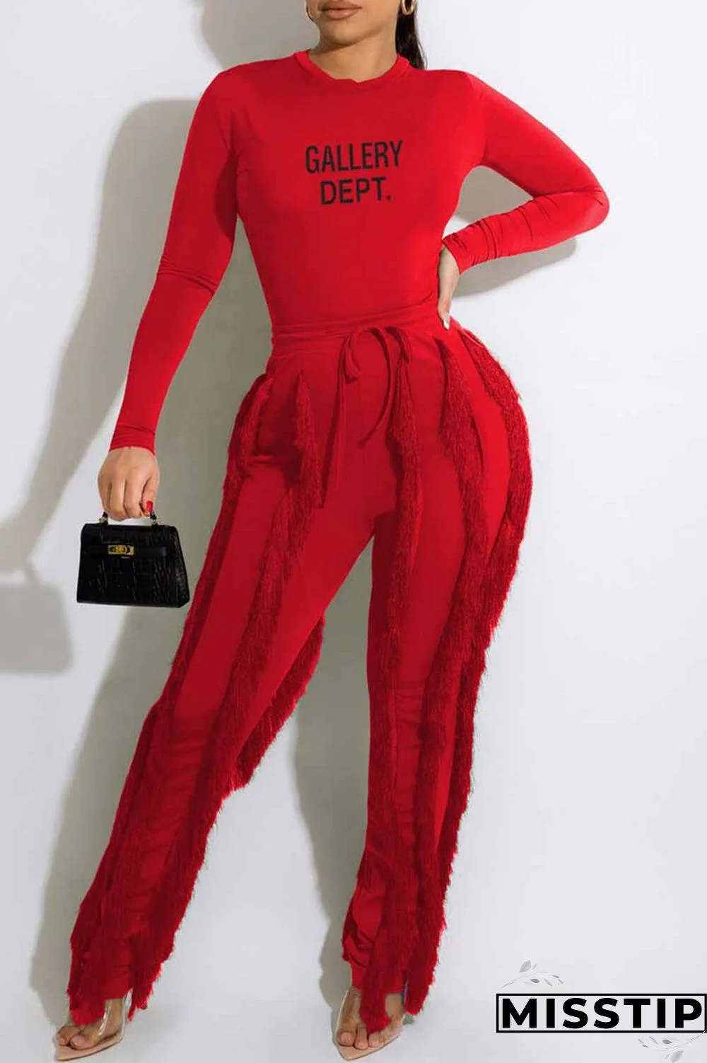 Green Casual Print Letter O Neck Long Sleeve Two Pieces