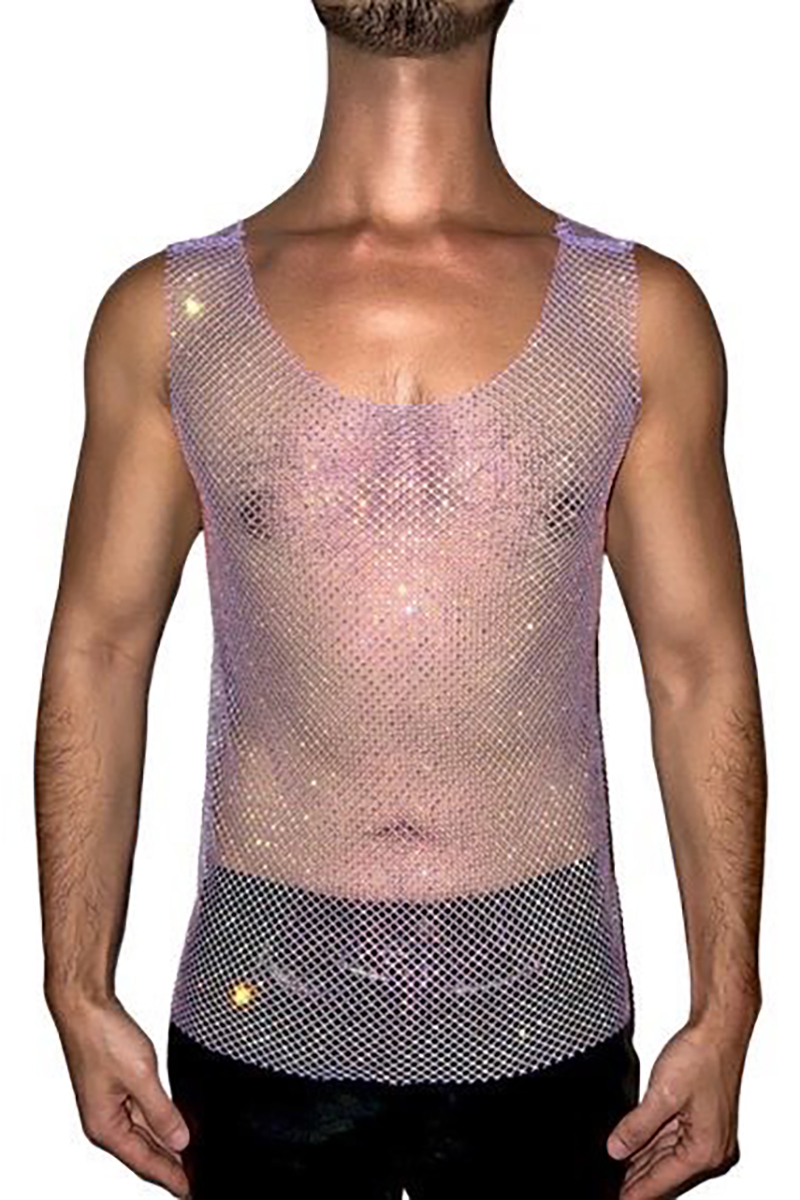 Ciciful Men's Mesh Rhinestone Raw Cut High Stretch Purple Tank Top