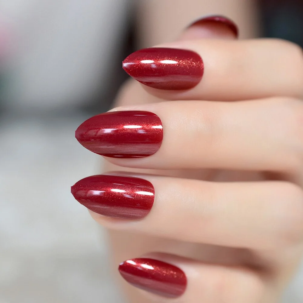 UV Press On Nails Stiletto Shape Sexy Red Fake Nails Gel Shine Shimmer Almond False Nails 24