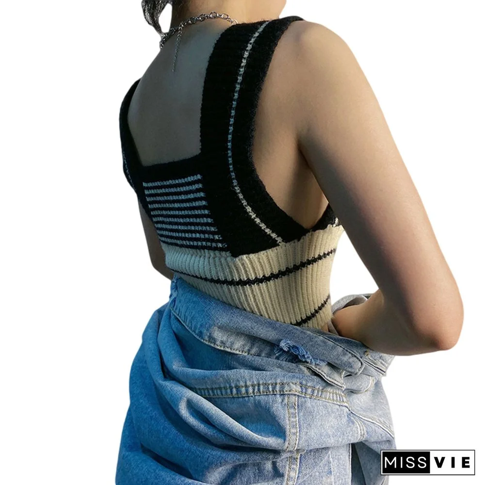 Women Autumn Fashion Knitted Vest Loose Patchwork Sweater Vintage Square Neck Sleeveless Female Waistcoat Chic Tops