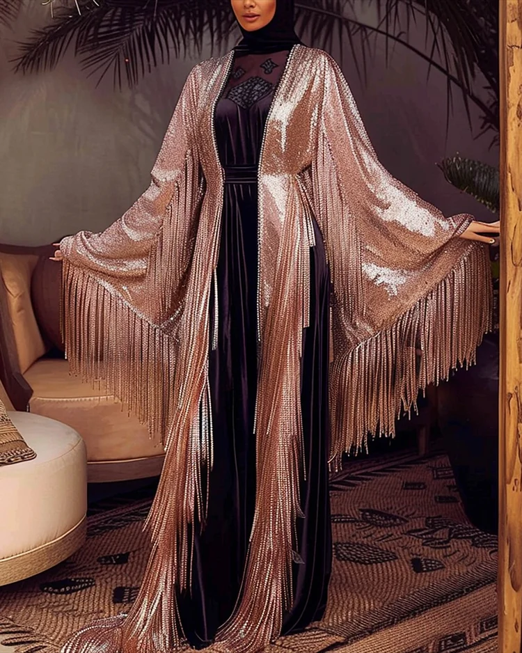 Women's Cape Sequined Tassel Dress