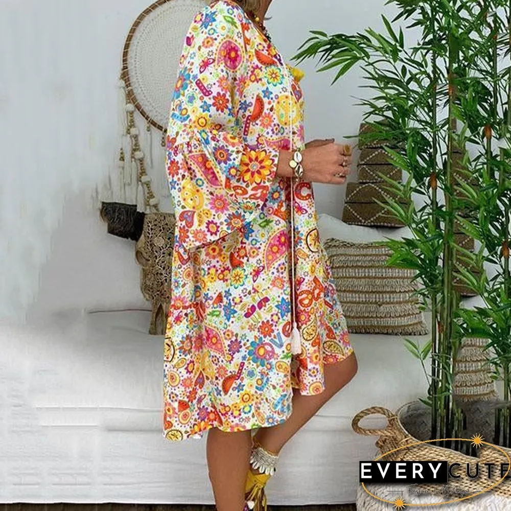 Short Sleeve Printed V Neck Loose Dress