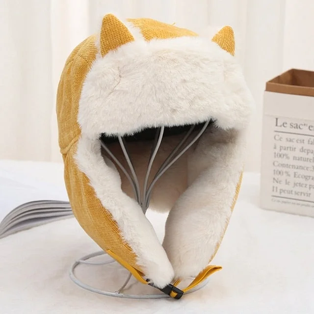 Pink/Black/Yellow/Khaki Fluffy Ear-flapped Warm Cotton Cat Ears Hats SP16552