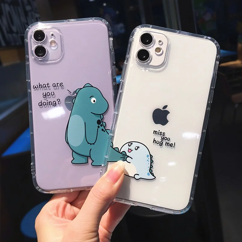 Athvotar Cartoon Animal Dinosaur Couple Phone Case For iPhone 11 Pro Max X XS XR 7 8 plus 12 Mini Transparent Soft Shockproof Cover