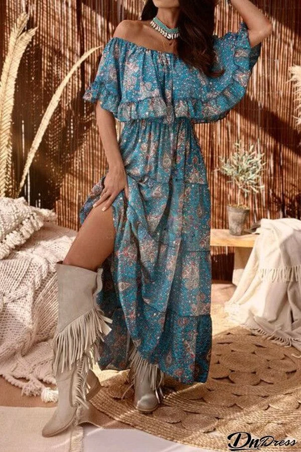 One-neck sweet ruffled print waist dress