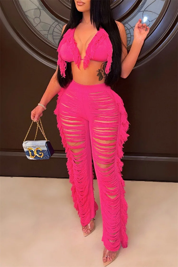 Rose Red Fashion Sexy Solid Bandage Patchwork Backless Halter Sleeveless Two Pieces