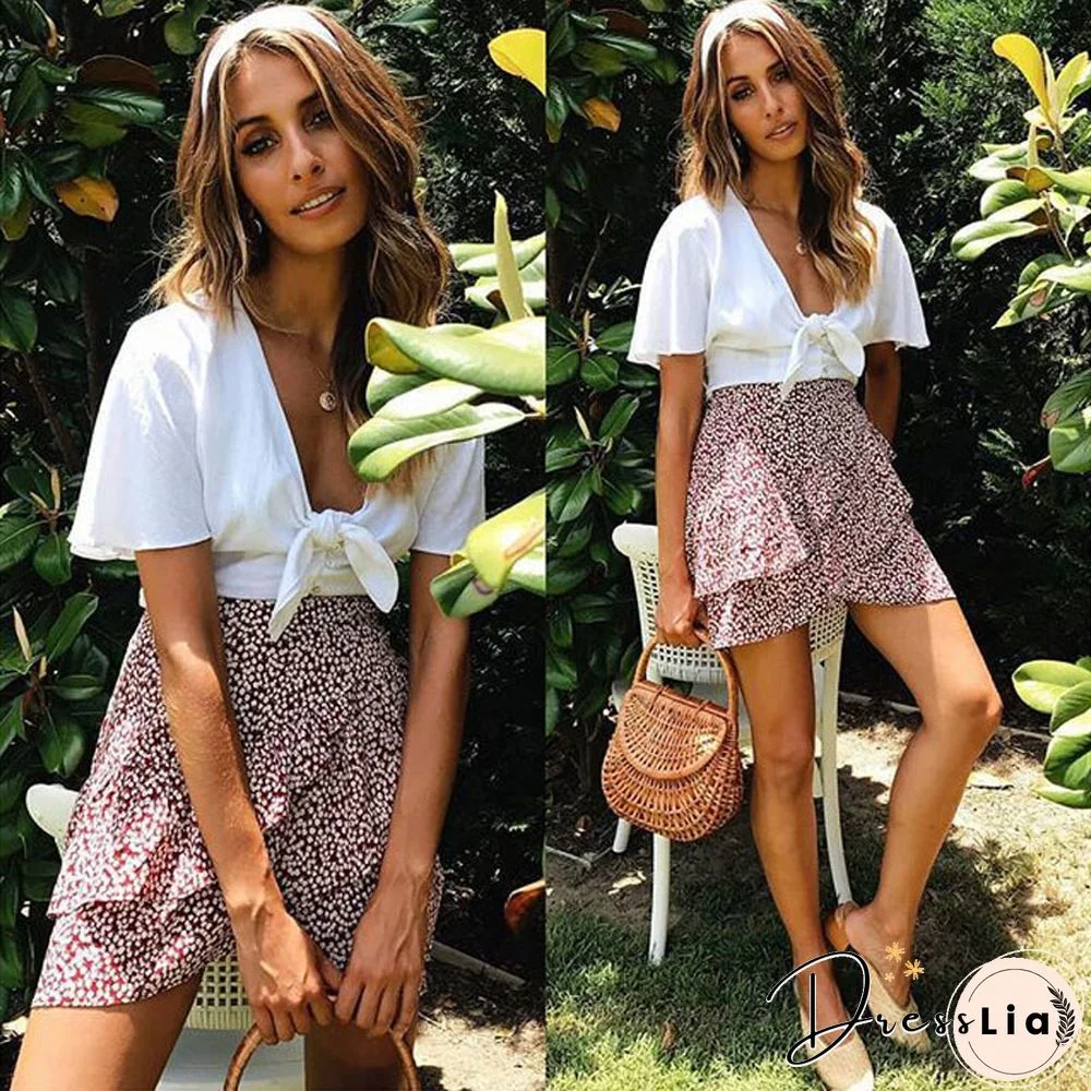 Multi Dot Print Short Mini Skirts Women Summer Ruffle High Waist Bow Tie Skirt Ladies Streetwear Slim Bottoms Saias