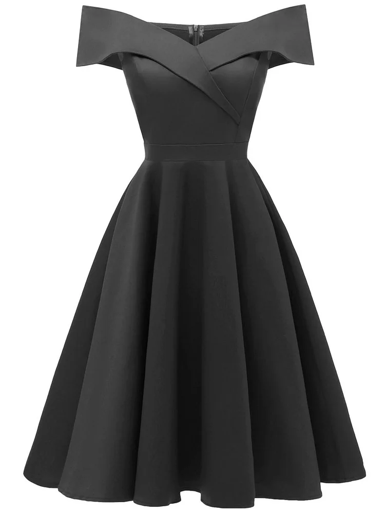 Mayoulove Solid Color Off Shoulder Big Swing Dress-Mayoulove