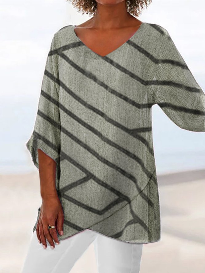 Holiday Printed Stripes Holiday 3/4 Sleeve Paneled Tops Zaesvini