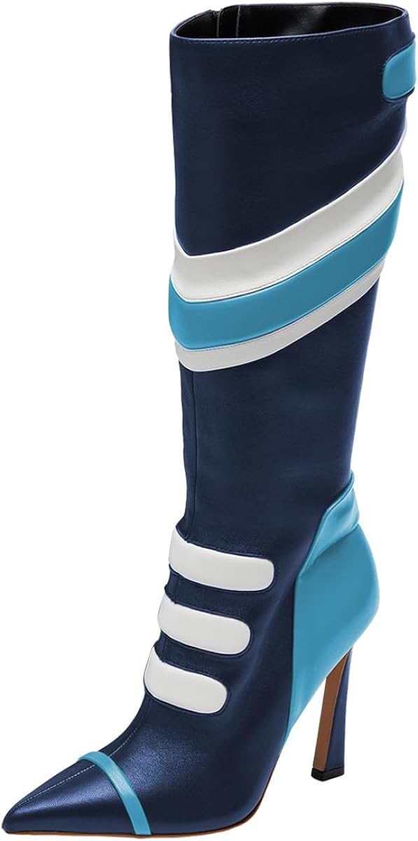 TAAFO  Women Multicolor Knee High Boots Pointed Toe Tall High Heel Long Boots Side Zipper Novel Color Matching Party Fancy Dress 