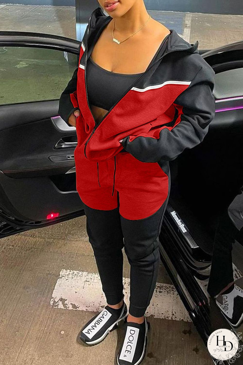 Black Red Casual Sportswear Solid Split Joint Zipper Hooded Collar Long Sleeve Two Pieces