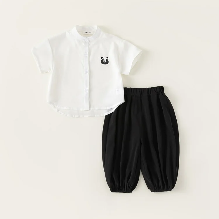 2pcs Baby Toddler Boy Solid Color Bear Print Short Sleeve T-shirt and Pants Set