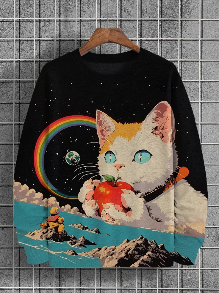 Men's Outer Space Giant Cat Eating Apple Print Casual Sweatshirt
