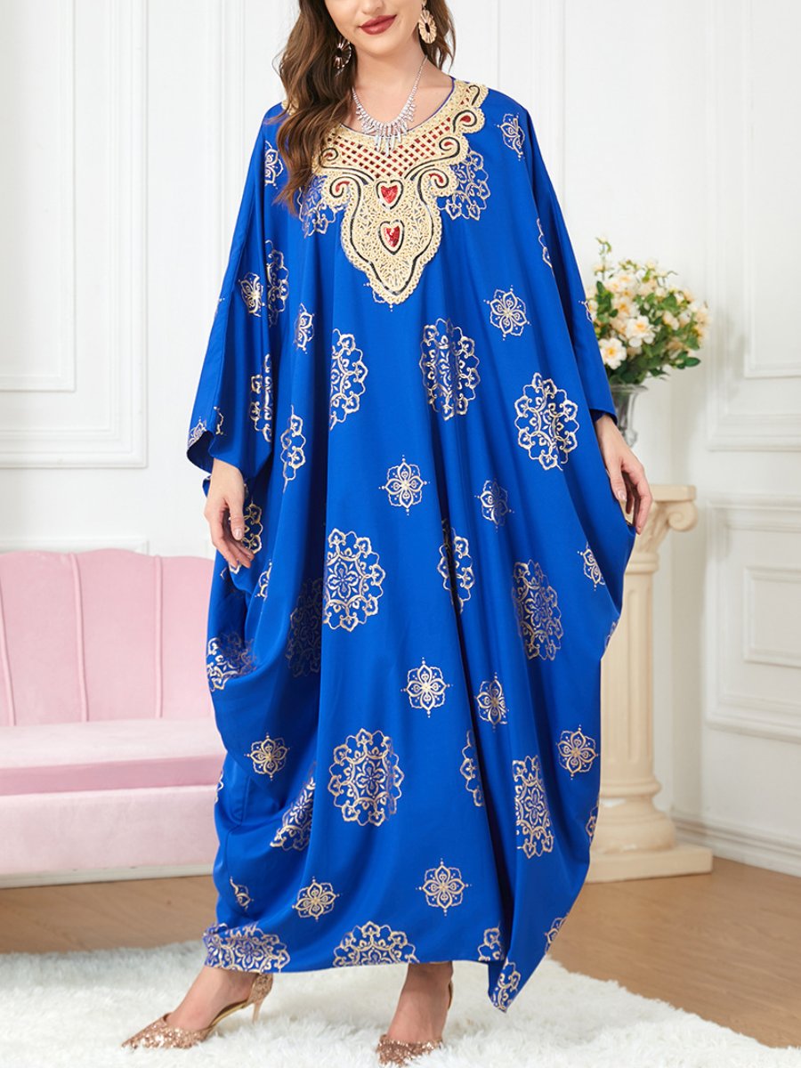 Bat Sleeve Embroidery Printed Long Sleeve Round Neck Blue Dress | Oxredo Shop Ramadan Sale