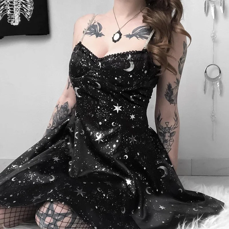 Women Dress Space Star Moon V-Neck Print Dress Black Sleeveless Backless Party Dresses Slim Chain Shoulder Strap Summer Dresses