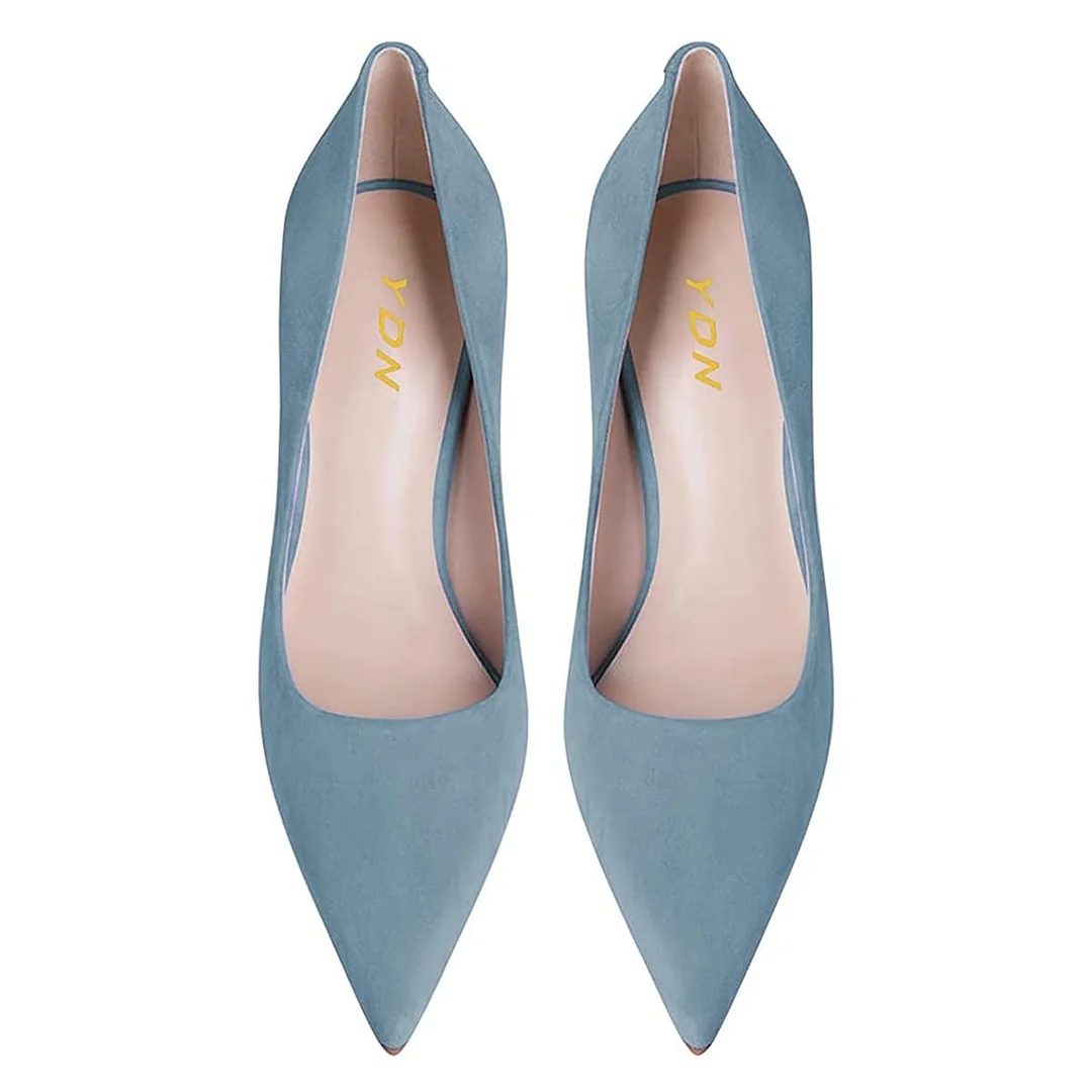 Light Blue Vegan Suede Pointed Toe Pumps Shoes with Flared Heel