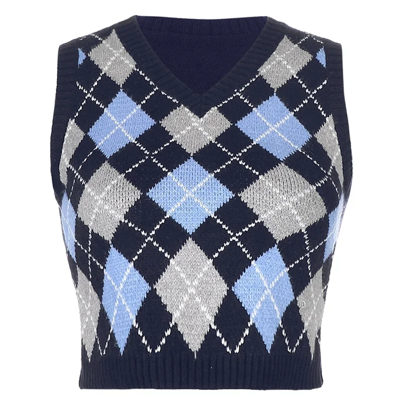 Rapcopter y2k Sweaters Plaid Patched Knitwear Sleeveless V Neck Knitted Tank Top Preppy Style Pullovers Crop Top Autumn Women