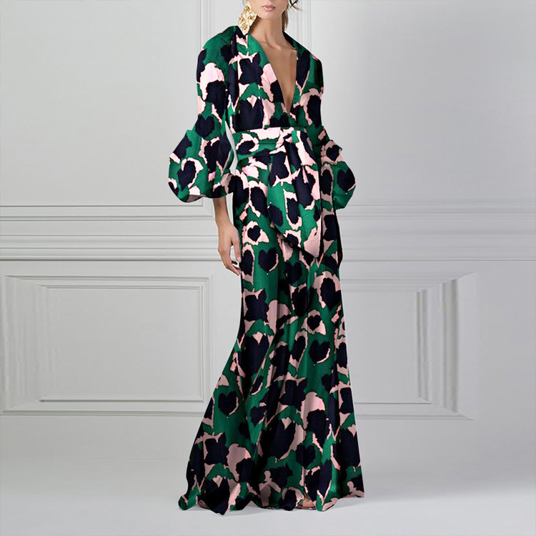 Fashion Print Puff Sleeve V Neck Party Maxi Dress