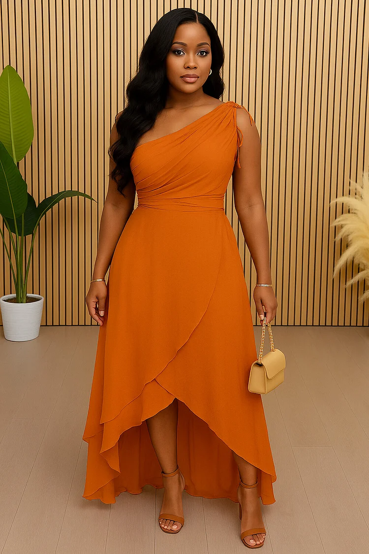 One Shoulder Tied Up Overlap Daily Maxi Mullet Dresses-Orange [Pre Order]